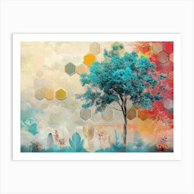 Abstract Scene with A Turquoise Tree Against a Vibrant Hexagon and Feather Backdrop Art Print