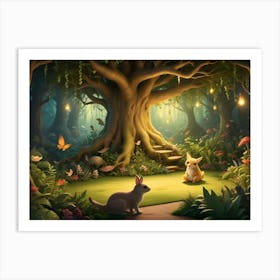 A Whimsical Scene Set In A Magical Forest With A Large Tree, Glowing Lights, And Two Small Animals, A Fox And A Rabbit Art Print