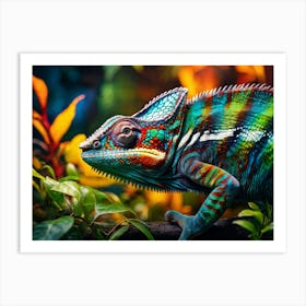 Chameleon Changing Hues Against A Backdrop Bursting With Tropical Foliage Texture Emphasizing Scale Art Print