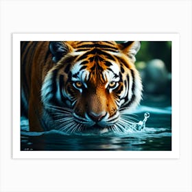 Close Up of a Tiger sneaking in Water as a Photo Realistic Painting Art Print