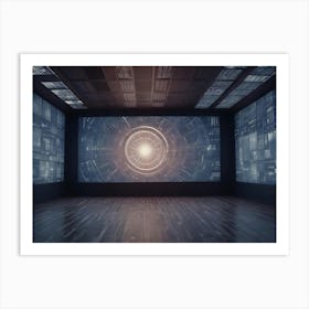 A Dark Room With A Large Screen Displaying A Glowing Circular Pattern With Lines And Data Flowing Through It Art Print