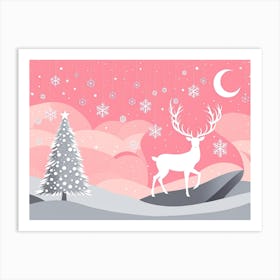 Christmas Tree And Deer, Rein deer, Christmas Tree art, Christmas Tree, Christmas vector art, Vector Art, Christmas art, Christmas, moon  Art Print