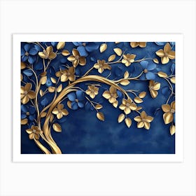 Gold Tree On Blue Background Art Print