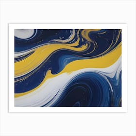 Swirling, Abstract, Liquid Marble Texture In Blue, Yellow And White Colors Art Print