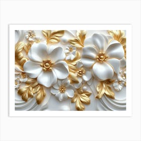 3d Floral Seamless Gold and White Ceramic Marble Texture Art Print