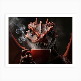 Red Dragon Furious Expression Locking Eyes With Camera Lens Gripping A Steaming Cup Of Coffee Sc Art Print