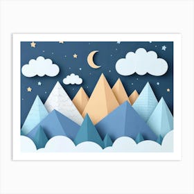 Hand Drawn Modern Mountain Landscape With Stars, Clouds And Moon Art Print