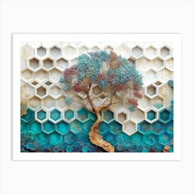 White Lattice and Ethereal Tree On Oak, Complemented By A Mix Of Turquoise Art Print