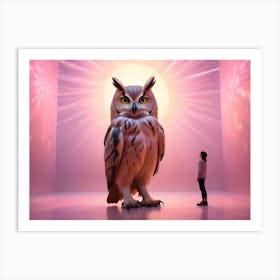 A Young Girl Stands Before A Giant Owl In A Pink, Luminous Environment Art Print