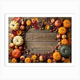 An Assortment Of Autumnal Fruits And Vegetables Laid Out In A Rustic Wooden Table Arrangement Inclu (7) Art Print