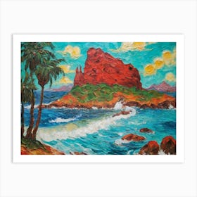 A Painting Of The Ocean With Some Palm Trees On The Beach Art Print