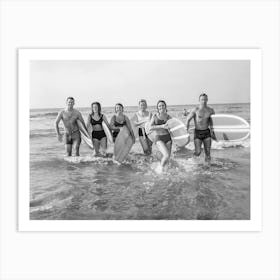 Surfers at the Beach, Vintage Black and White Old Photo Art Print