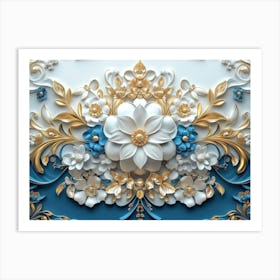 3d Artwork White And Blue Backdrop, Embellished With Gold Jewelry Art Print