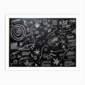 Blackboard Art Showcasing The Creative Chaos Of Chalk White Strokes Swirling With Abstract Circles A (5) Art Print