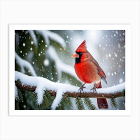 In A Serene Winter Day Observe A Majestic Cardinal Bird Its Vibrant Red Plumage Gleaming Against A Art Print