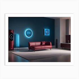 A Living Room Interior With A Blue Wall, A Red Sofa, And A Modern Appliance Art Print