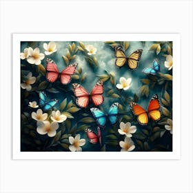 Floral Pattern with Colorful Butterflies Illustration Background 1 Art Print