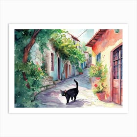 Izmir, Turkey   Cat In Street Art Watercolour Painting 1 Art Print