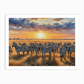 Dusk on the Endless Plains Zebras At Sunset Art Print