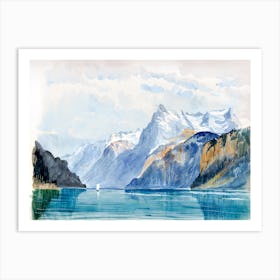The Sea and Snow-capped Mountains Vintage 19th Century Watercolour Painting Art Print