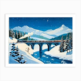 Vintage Travel Poster Illustration Featuring A Steam Train Crossing A Curved Viaduct In A Snowy Vall (1) Art Print