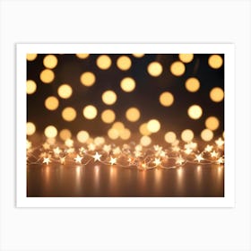 A Strand Of Star Shaped Christmas Lights Is Positioned On A Wooden Surface With A Background Of Blurred, Golden Circles Art Print