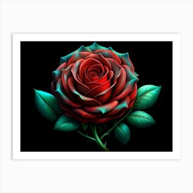 Red Rose With Emerald Green Leaves On Black Background Art Print