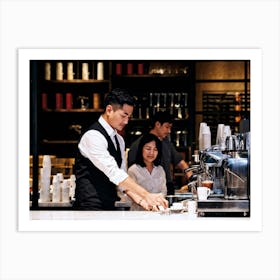 Barista Focused On Pouring Water Into A Step By Step Dripper Amid The Bustling Ambiance Of A Busy C (4) Art Print