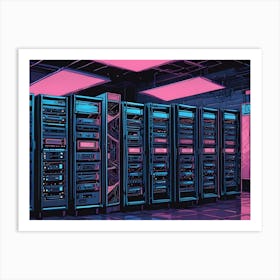 Row Of Server Racks In A Futuristic Room With Neon Lighting Art Print