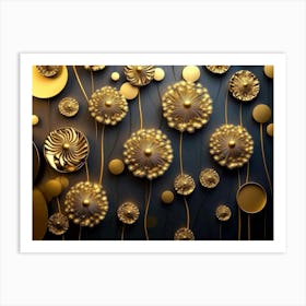 3d Golden Dandelion Flowers, Circles Simple Golden Circles Art Print