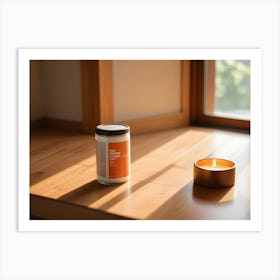 A Glass Jar Candle And A Burning Candle On A Wooden Surface With Sunlight Streaming Through The Window Art Print