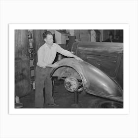 Refinishing Fender On Automobile In Garage, San Augustine, Texas By Russell Lee Art Print