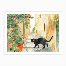 Black Cat In Catania, Italy, Street Art Watercolour Painting 1 Art Print