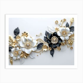 3d White And Blue Background With Golden Jewelry And Flowers In Black Design 1 Art Print