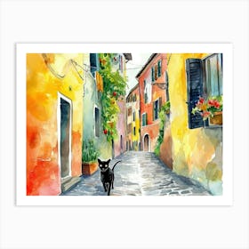 Black Cat In Udine, Italy, Street Art Watercolour Painting 3 Art Print