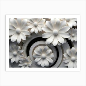 3d Look White And Black Circle With White Flower 1 Art Print