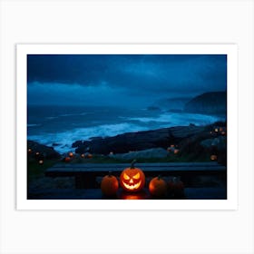 Coastline Celebration Captured At Dusk A Single Jack O Lantern With A Carved Face Glowing Eerily On Art Print