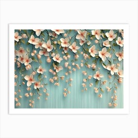 Seamless Pattern Willow Branches Hanging On Above With Flowers And Leave Art Print