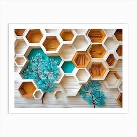 White Lattice And Turquoise Elements Combine With Dynamic Hexagons In An Oak Wood 1 Art Print