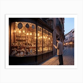 Vintage Inspired Illustration Of A Young Spanish Man Examining An Array Of Old World Trinkets In A S Art Print