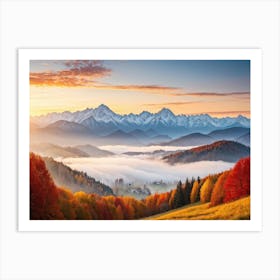 Autumn Landscape Panoramic View Of The Tatra Mountains Leaves In Vivid Shades Of Red Orange And (4) Art Print