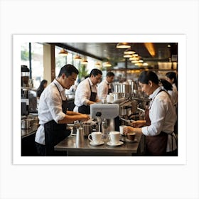 Cafeteria Interior Bustling With Activity Baristas In Checkered Aprons Preparing Espresso Drinks P (3) Art Print