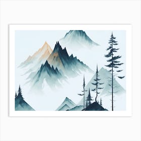 Mountain And Forest In Minimalist Watercolor Horizontal Composition 298 Art Print