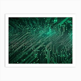 Abstract Close Up Of A Circuit Board With Intricate Patterns And Glowing Green Lines Art Print