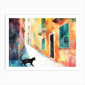 Black Cat In Salerno, Italy, Street Art Watercolour Painting 1 Art Print