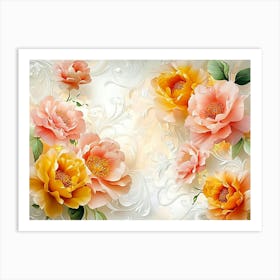 3d Stretch Ceiling Designation with Orange and Yellow Flowers, Pink Peonies and White Swirls Art Print