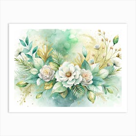 Watercolor Painting Of A White Flower Bouquet With Green And Gold Foliage Art Print