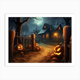 Halloween evening village with glowing Jack-o'-lanterns Art Print