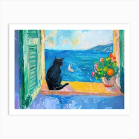 Cat Black On A Window Beach Matisse Style Art Print