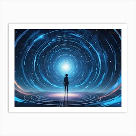 A Person Standing On A Platform Surrounded By Glowing Blue Rings Against A Starry Night Sky, With A Bright Light At The Center Art Print